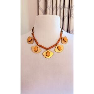 J Crew Orange Gold Statement Bib Necklace Fan Pendant Adjustable 18-21” Boho